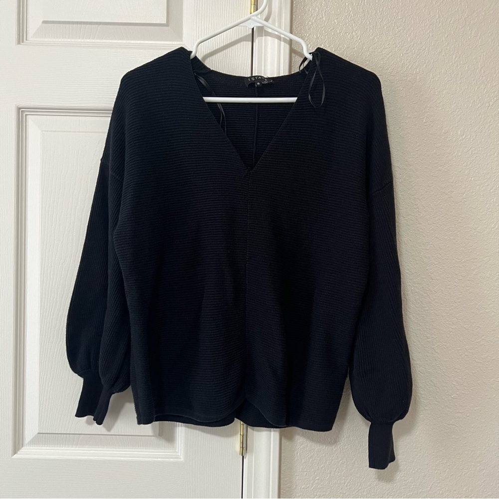 1.STATE Black Ribbed Bubble Sleeve V-Neck Sweater Women’s XL